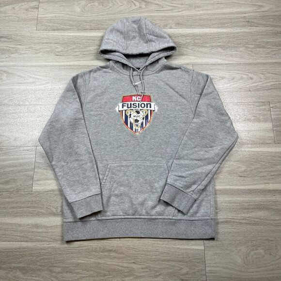 Nike Mens Hoodie Large Gray Center Swoosh Y2K Sweatshirt Fleece - Picture 1 of 9